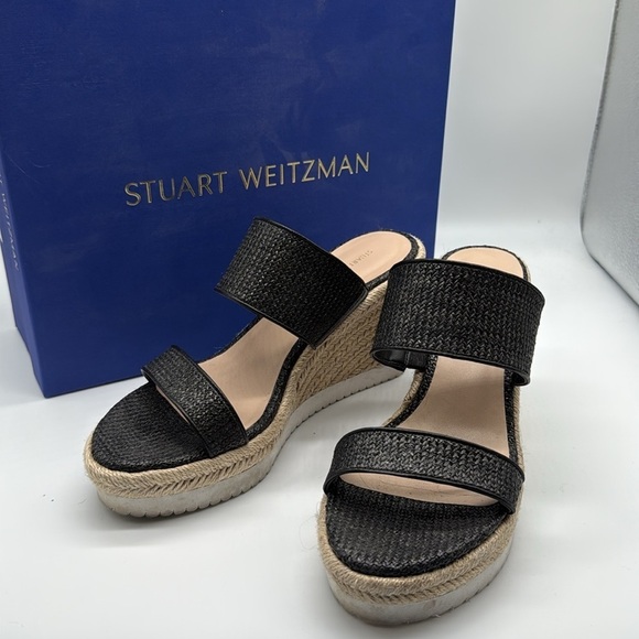 Stuart Weitzman Mykonos Two-Strap Wedge Sandals Herringbone Raffia & Black 38.5 - Picture 5 of 12